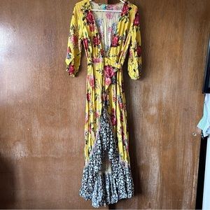FARM RIO Yellow Floral Wrap Dress S